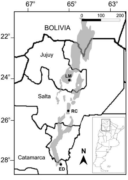 Figure 1 Map of Northern Argentina showing the locations sampled for bats.LM, Laja Morada; RC, Río de Las Conchas; ED, Finca El Durazno. Subtropical rainforests are shaded in the map (after Brown et al. 2001).