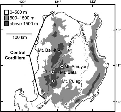 Figure 1: Map of northern Luzon Island showing areas of highland habitat and location of Mt. Amuyao in relation to other peaks in the Central Cordillera.