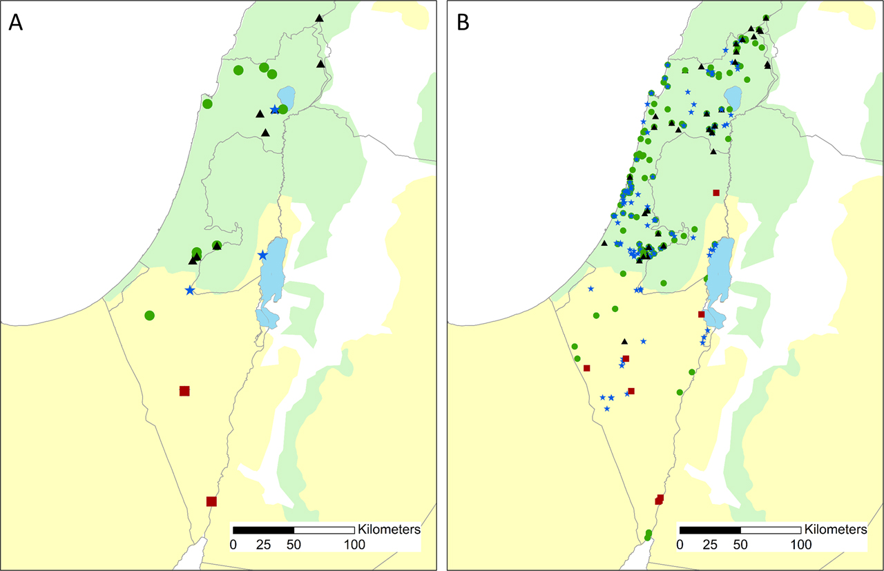 Figure 1: Shrew sample locations. A. samples sequenced in this work. B. shrew specimen present in the Steinhardt National Collection of Natural History, Zoological Museum at Tel Aviv University (Israel). The two major biomes of Israel: the Mediterranean biome, and the desert, are indicated in green and yellow, respectively. Red squares, blues stars, green circles and black triangles indicate C. ramona, S. etruscus, C. suaveolens gueldenstaedtii and C. leucodon specimen respectively. The museum records encompass 79 C. leucodon, 594 C. suaveolens gueldenstaedtii, 13 C. ramona and 443 S. etruscus.