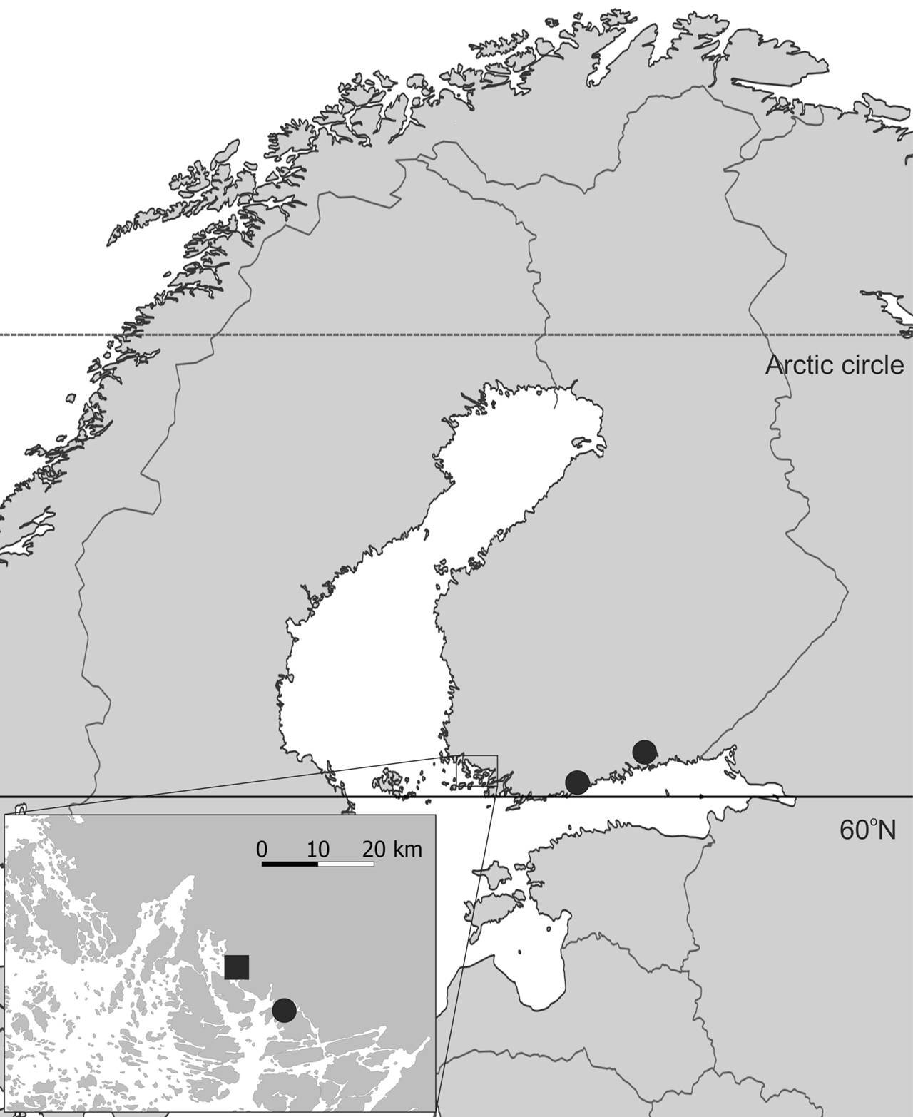 Figure 2: Known breeding colonies (round symbols) and overwintering site (square symbol) of Pipistrellus nathusii in Finland.