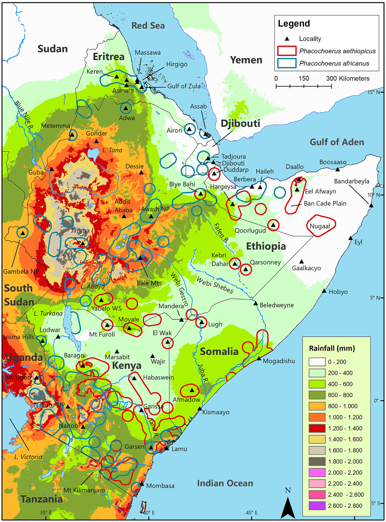 Figure 6:
Geographic distribution of desert warthog Phacochoerus aethiopicus and common warthog Phacochoerus africanus in the Horn of Africa relative to mean annual rainfall.