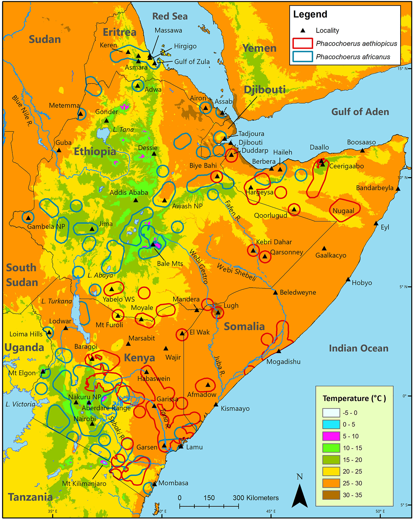 Figure 7:
Geographic distribution of desert warthog Phacochoerus aethiopicus and common warthog Phacochoerus africanus in the Horn of Africa relative to mean annual temperature.