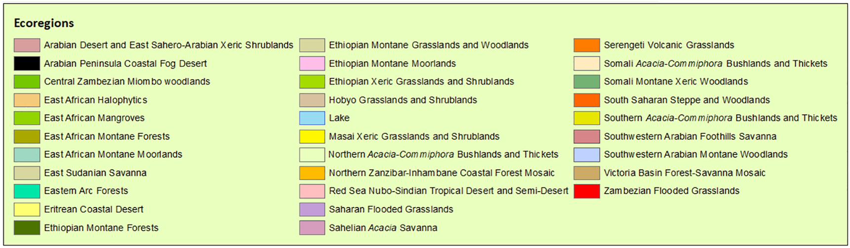 Figure 8:
Geographic distribution of desert warthog Phacochoerus aethiopicus and common warthog Phacochoerus africanus in the ecoregions of the Horn of Africa (Burgess et al. 2004; Olson et al. 2001).