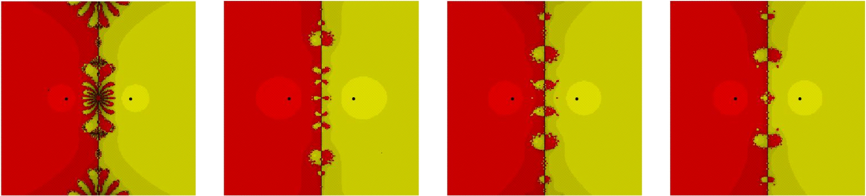 Fig. 1 Comparison of basin of attraction of methods (13), (18), (20) and (22) for test problem p1 (z) = z2 − 1