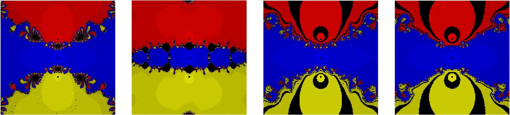 Fig. 2 Comparison of basin of attraction of methods (13), (18), (20) and (22) for test problem p2(z) = z3 + z