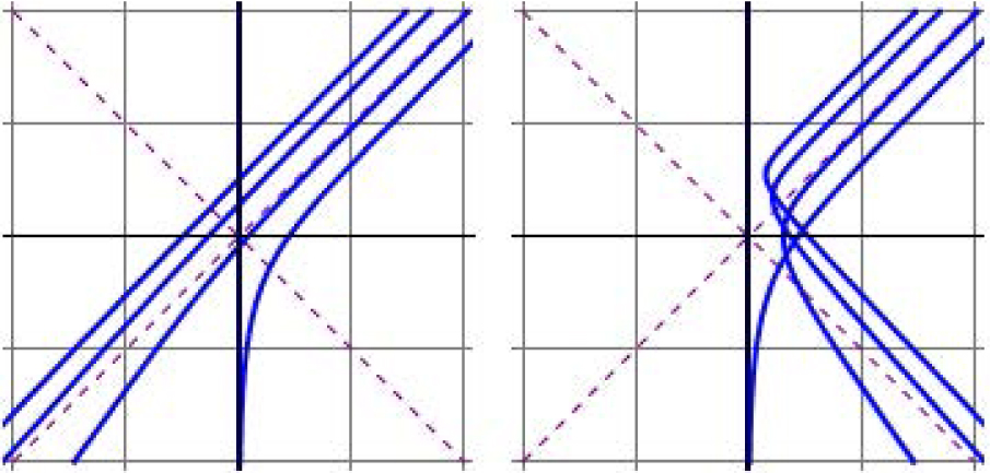 Fig. 16 Curves with 𝓚(y) = ey + c; spacelike c ≤ 0 (left), spacelike c ≥ 0 (right).