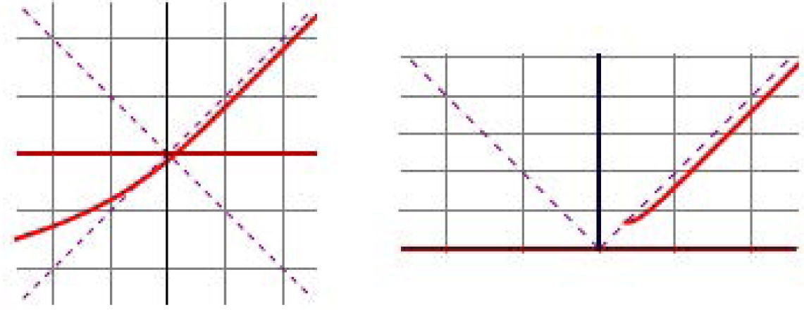 Fig. 17 Timelike curves with 𝓚(y) = ey + 1 (left) and 𝓚(y) = ey − 1 (right).