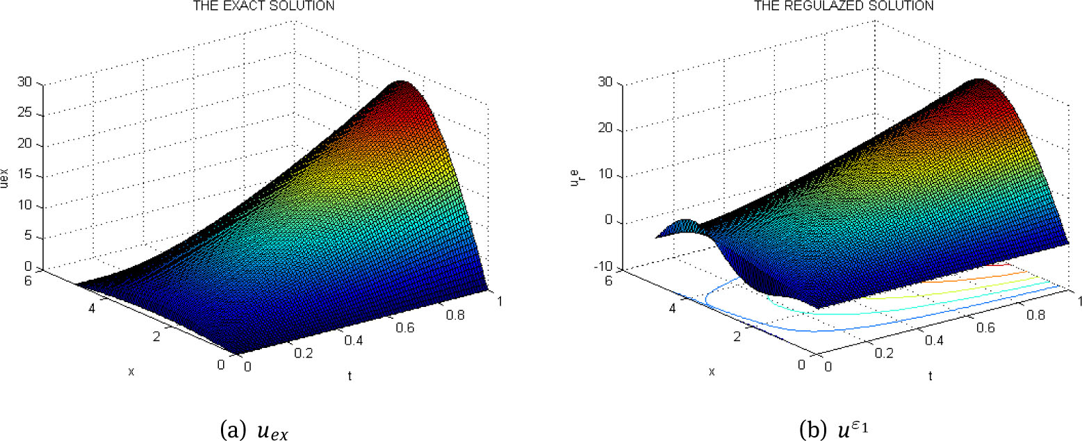 Fig. 1 The exact solution with α = 0.3 (a) and regularized solution with ε1 = 10–1 (b)