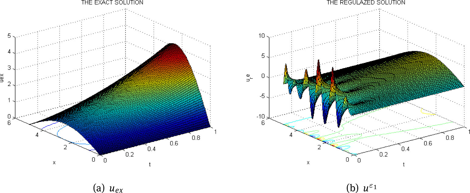 Fig. 4 The exact solution with α = 0.1 (a) and regularized solution with ε1 = 10–1 (b)