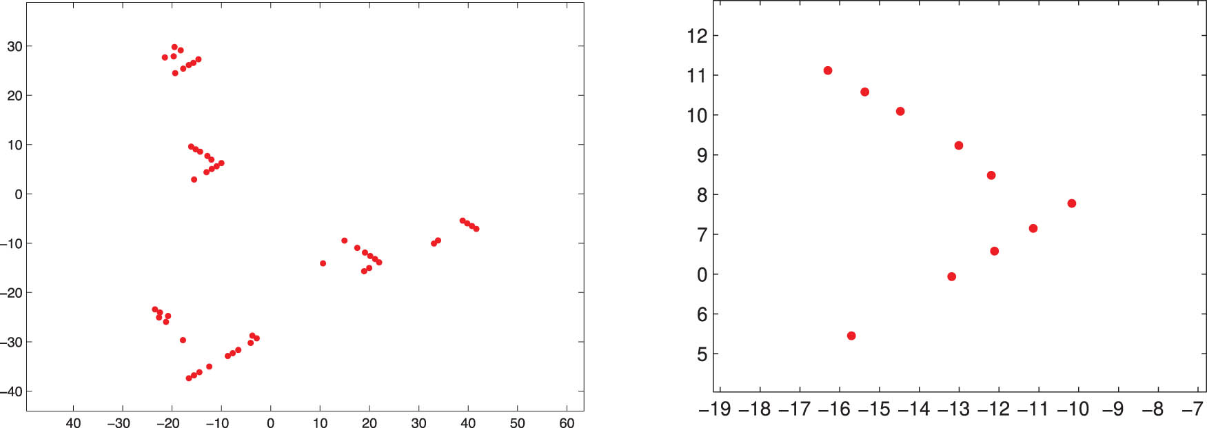 Figure 2 
                     V-like and echelon formations obtained with model (9): large group traveling left to right (left) and zoom on a V-like formation (right).
                  
