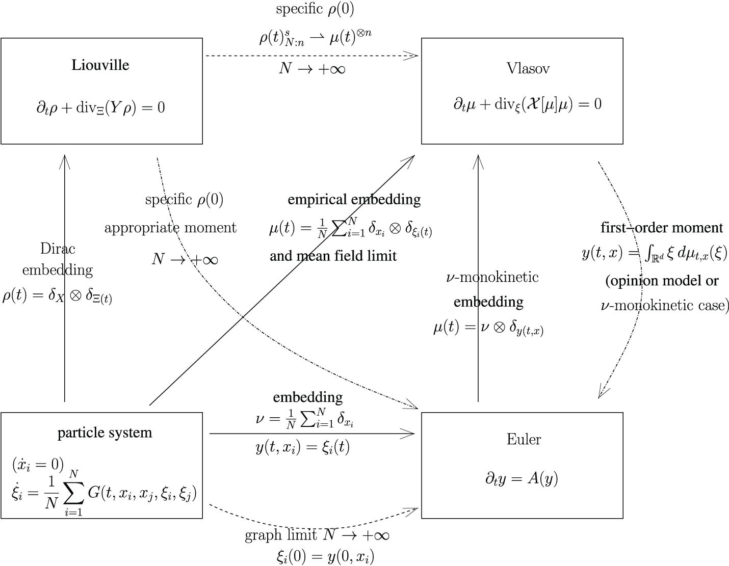 Figure 7 
                  Relationships between particle (microscopic) system, Liouville (probabilistic) equation, Vlasov (mesoscopic, mean-field) equation, the Euler (macroscopic, graph limit) equation (from [107] with permission from the authors).
               