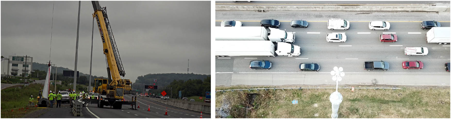 Figure 9 
                     Left: Installation of a roadside pole. Right: aerial view of the installed pole with 8 cameras and I-24 traffic underneath.
                  