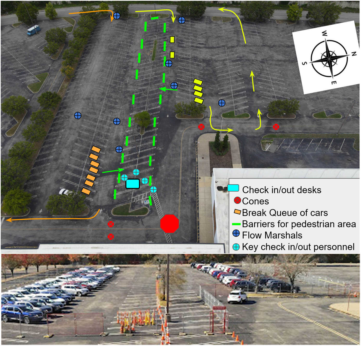 Figure 10 
                     Top: A plan of the parking lot from which the cars left to reach the I-24. Orange and yellow routes are highlighted. Bottom: A photo of the lot during the experiment with the two groups of cars (corresponding to the orange and yellow routes).
                  