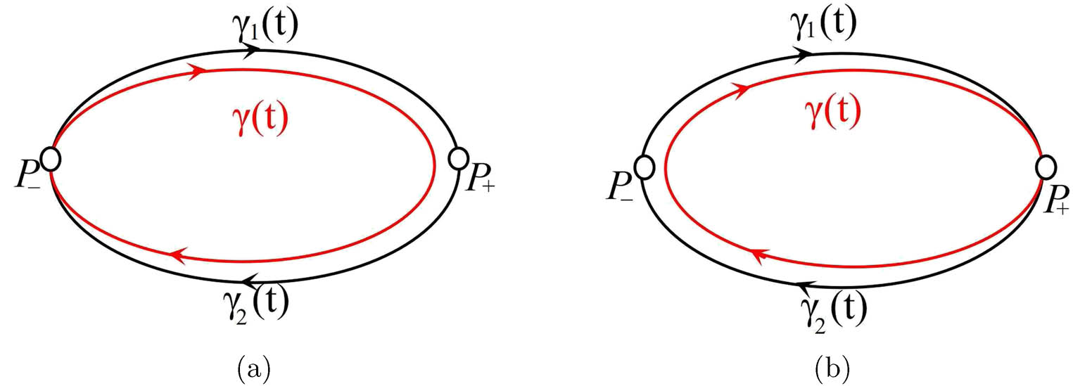 Figure 3 
                  The homoclinic solution bifurcated from heteroclinic loop 
                        
                           
                           
                              Γ
                           
                           \Gamma 
                        
                     . (a) Homoclinic solution 
                        
                           
                           
                              γ
                              
                                 (
                                 
                                    t
                                 
                                 )
                              
                           
                           \gamma \left(t)
                        
                      asymptotic to hyperbolic equilibrium 
                        
                           
                           
                              
                                 
                                    P
                                 
                                 
                                    −
                                 
                              
                           
                           {P}_{-}
                        
                      near the unperturbed heteroclinic loop 
                        
                           
                           
                              Γ
                           
                           \Gamma 
                        
                      and (b) homoclinic solution 
                        
                           
                           
                              γ
                              
                                 (
                                 
                                    t
                                 
                                 )
                              
                           
                           \gamma \left(t)
                        
                      asymptotic to hyperbolic equilibrium 
                        
                           
                           
                              
                                 
                                    P
                                 
                                 
                                    +
                                 
                              
                           
                           {P}_{+}
                        
                      near the unperturbed heteroclinic loop 
                        
                           
                           
                              Γ
                           
                           \Gamma 
                        
                     .
               