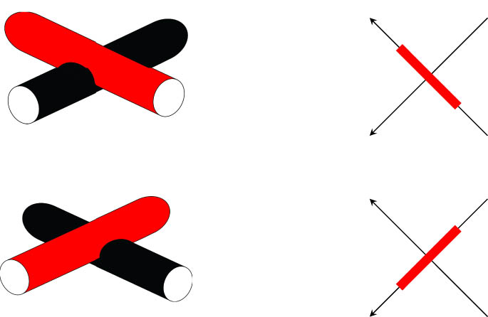 Figure 2 
               (Left) Stuck crossings in a stuck link, and (right) stuck crossings in a stuck link diagram.
            