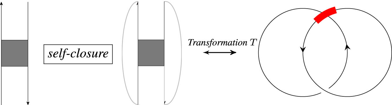 Figure 7 
               Arc diagram, self-closure, and corresponding stuck link diagram.
            