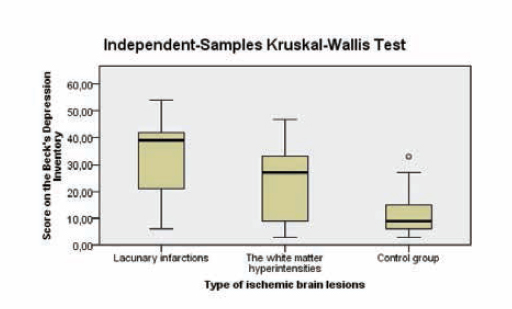 Figure 2 Median scores on the Beck’s Depression Inventory with interquartile range achieved by patients with various types of ischemic brain lesions on the 30th day of hospitalization.