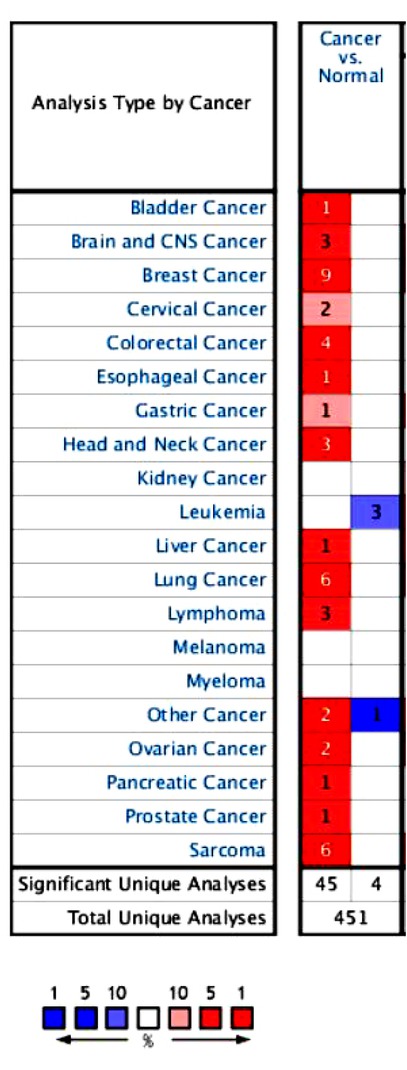 Figure 1 Expression of CENPE in common tumor types in the Oncomine database