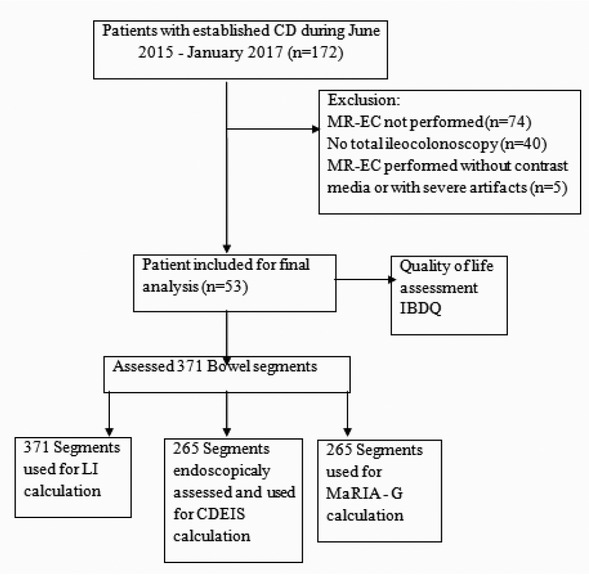 Figure 1 Flowchart of patient enrollment, exclusion criteria, and final study population.Abbreviations: CD– Crohn’s disease; CDEIS– Crohn's Disease Endoscopic Index of Severity; IBDQ– inflammatory bowel disease questionnaire; LI– Lemann Index; MaRIA-G– Magnetic Resonance Index of Activity Global; MR-EC –Magnetic Resonance Enterocolonography.