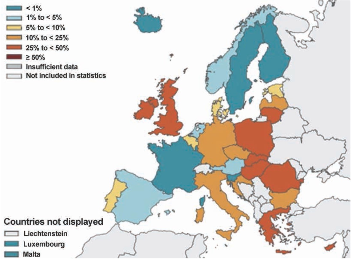 Figure 5 Map of Europe with a percentage of resistant strains from total number of isolates in species E. faecium in year 2017 [45]