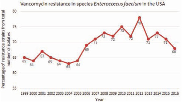 Figure 6 Graph of percentage of resistant strains of species E. faecium in the United States in years 1999–2016 [46]