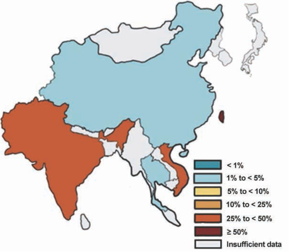 Figure 7 Map of Southeast Asia with a percentage of vancomycin resistant strains from the total number of isolates in species E. faecium in the year 2017 [46]