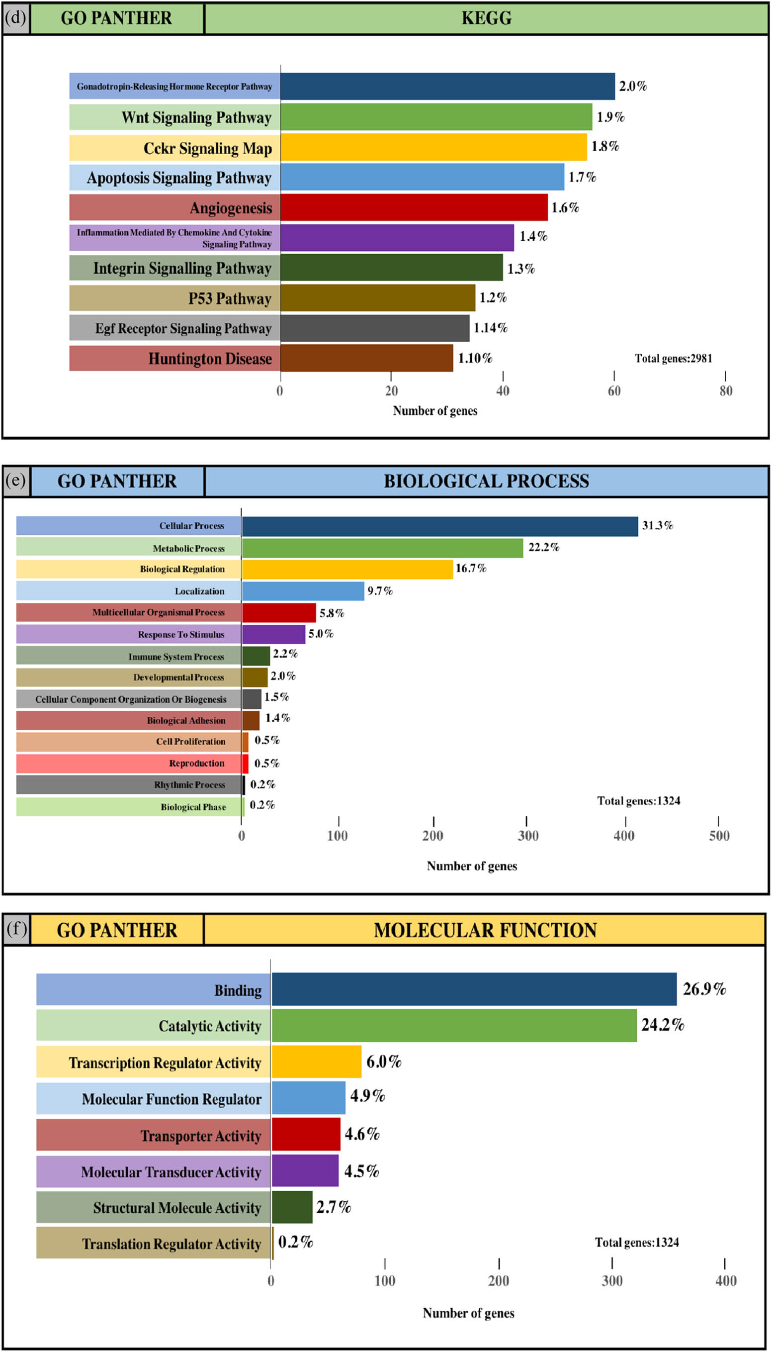 Figure 4 GO and pathway enrichment analysis of the predicted TG of DE-miRNAs through the PANTHER database. (a and e) GO PANTHER’s analysis on the category of “biological process” of the predicted TG of upregulated miRNAs and downregulated miRNAs, respectively. (b and f) GO PANTHER’s analysis on the category of “molecular function” of the predicted TG of upregulated miRNAs and downregulated miRNAs, respectively. (c and g) GO PANTHER’s analysis on the category of “cellular component” of the predicted TG of upregulated miRNAs and downregulated miRNAs, respectively. (d and h) GO PANTHER’s analysis on the category of “KEGG” of the predicted TG of upregulated miRNAs and downregulated miRNAs, respectively.