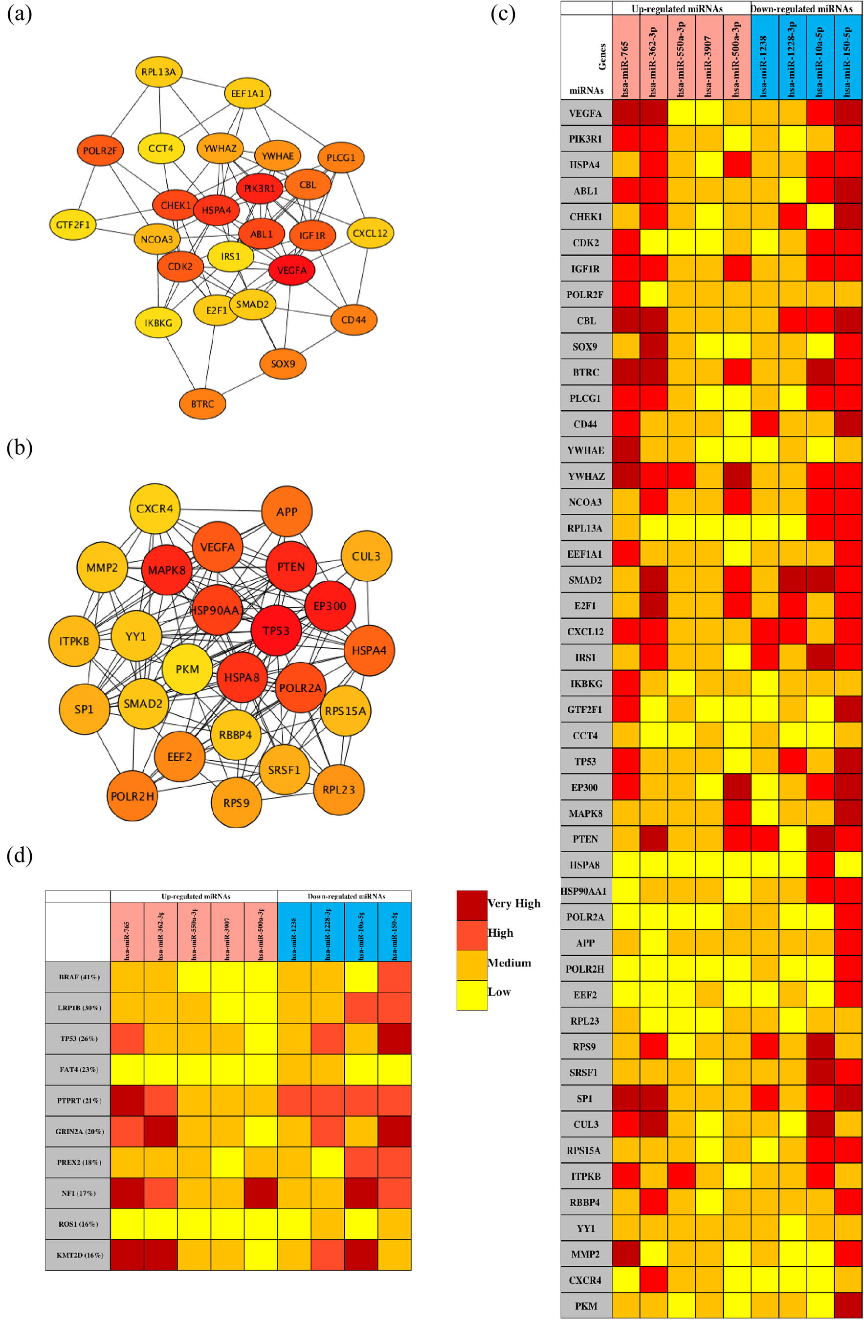 Figure 5 Analysis of the PPI network and the miRNA target network. (a) The mapped networks for the top 25 hub genes for upregulated miRNAs. (b) The mapped networks for the top 25 hub genes for downregulated miRNAs. (c) The mirDIP analysis of interaction levels between hub genes and DE-miRNAs. (d) The mirDIP analysis of interaction levels between the main mutated genes and DE-miRNAs. (e) The mapped networks for upregulated miRNAs and hub genes. (f) The mapped networks for downregulated miRNAs and hub genes. The red gene indicates that it is both a mutant gene and a core gene.