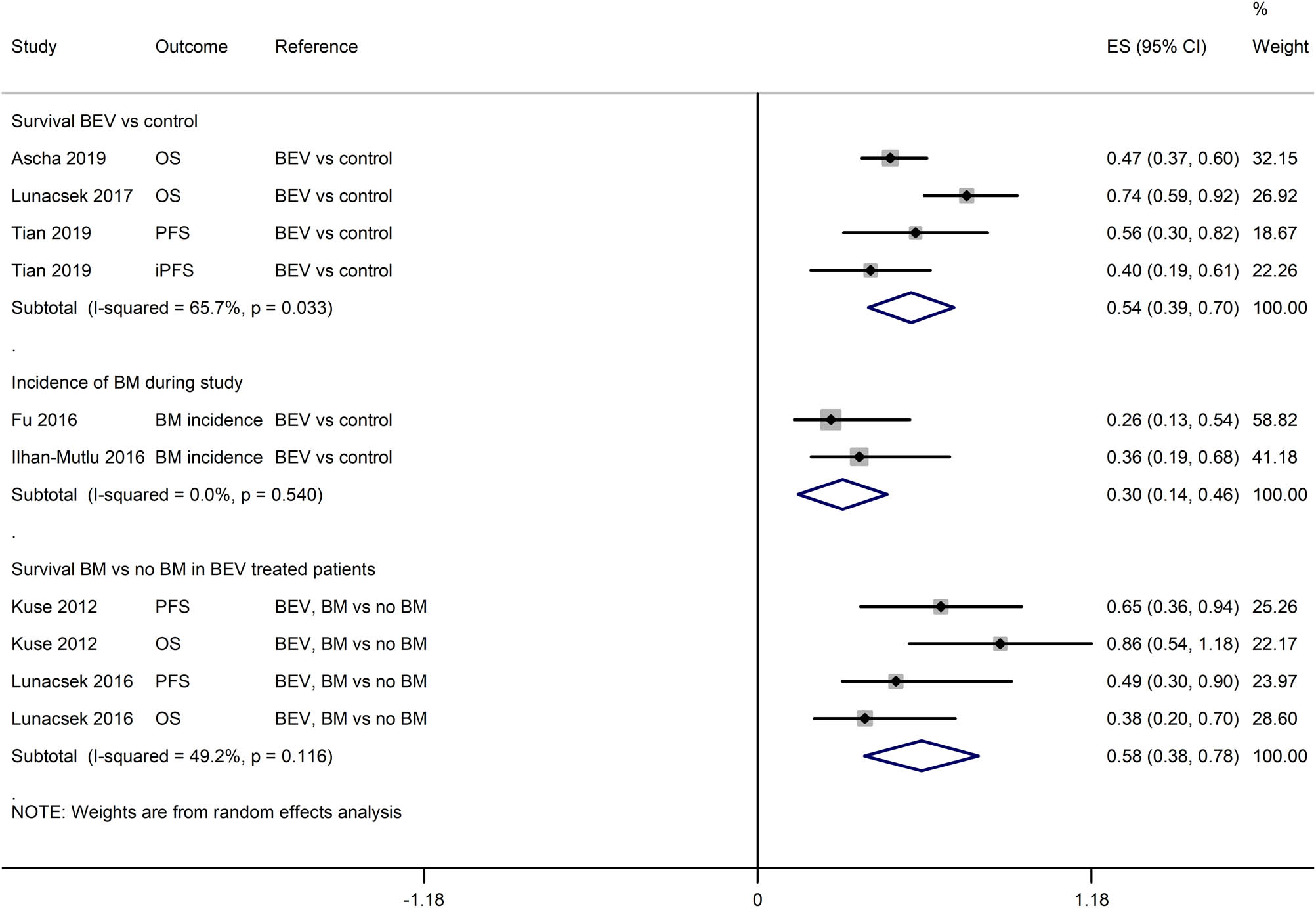 Figure 2 A forest graph showing the pooled HRs (effect size and 95% CI) regarding the incidence of new BM or survival to show BEV efficacy in preventing BM and survival outcomes.