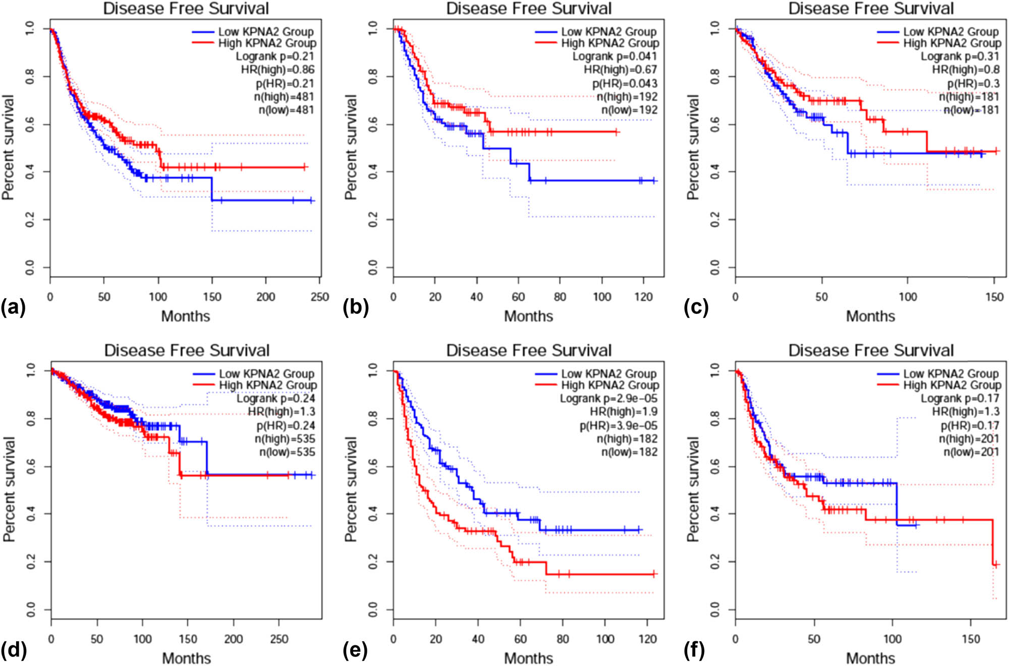 Figure 11 
                  Disease free survival (DFS) between KPNA2 between high and low expression groups in six major cancers. (a) NSCLC, (b) gastric cancer, (c) colorectal cancer, (d) breast cancer, (e) liver hepatic cancer, (f) bladder cancer.
               