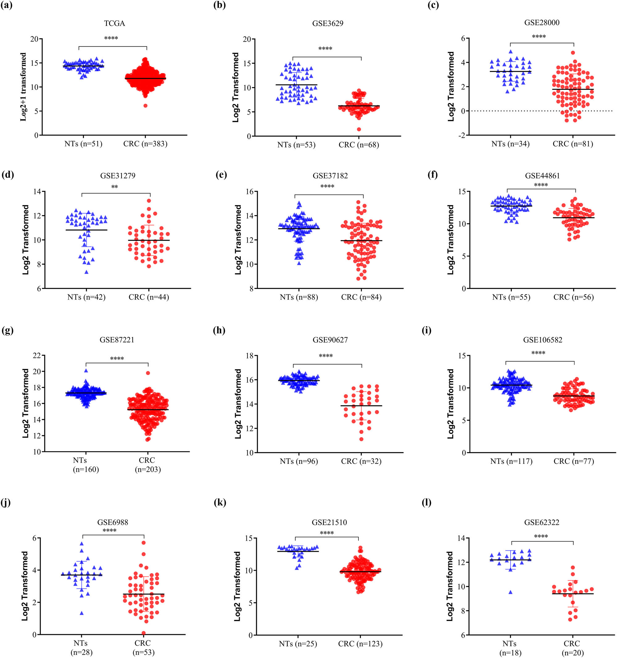 Figure 1 
                  SELENBP1 expression is consistently downregulated in CRCs. The expression of SELENBP1 was compared between colorectal NTs and CRCs in 12 datasets from the TCGA and GEO databases (a–l). **
                     p < 0.01; ****
                     p < 0.0001 vs the control group.
               