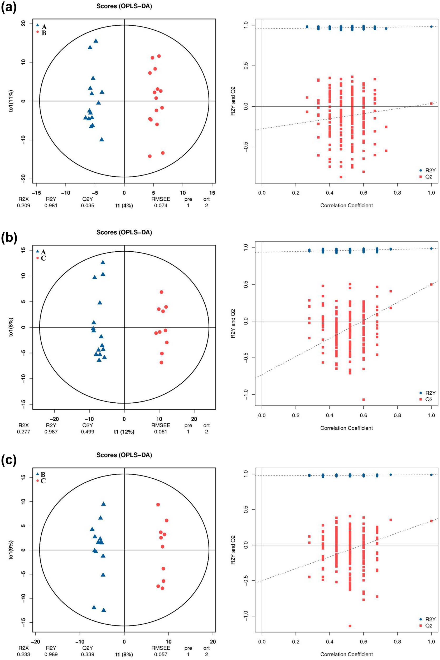 Figure 2 
                  OPLS-DA score plots and OPLS-DA permutation test of serum metabolic profiling. (a) OPLS-DA score plots and OPLS-DA permutation test in B vs A. (b) OPLS-DA score plots and OPLS-DA permutation test in C vs A. (c) OPLS-DA score plots and OPLS-DA permutation test in C vs B.
               