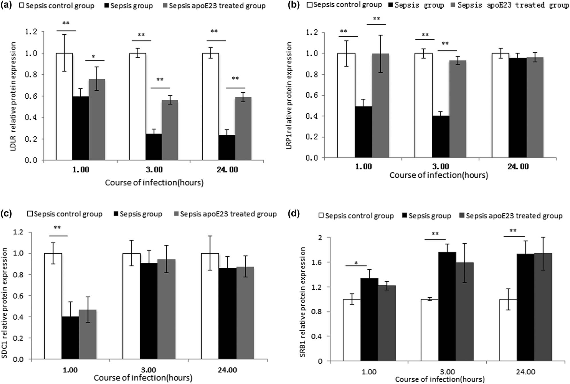 Figure 5 
                  ApoE23 restored the protein expression of LDLR, LRP, SDC1, and SRB1 to different degrees at different times in the liver. Hepatic (a) LDLR, (b) LRP, (c) SDC1, and (d) SRB1 levels were measured by western blotting. The expression levels were normalized to GAPDH. *P < 0.05; **P < 0.01.
               