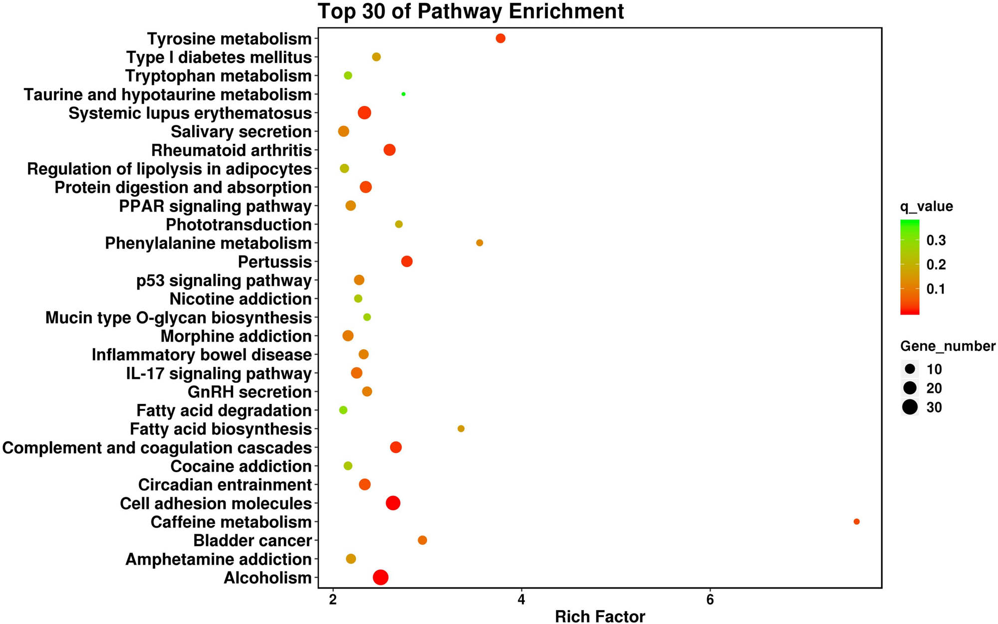 Figure 3 
                  Top 30 of KEGG pathway enrichment analysis of the dysregulated genes.
               