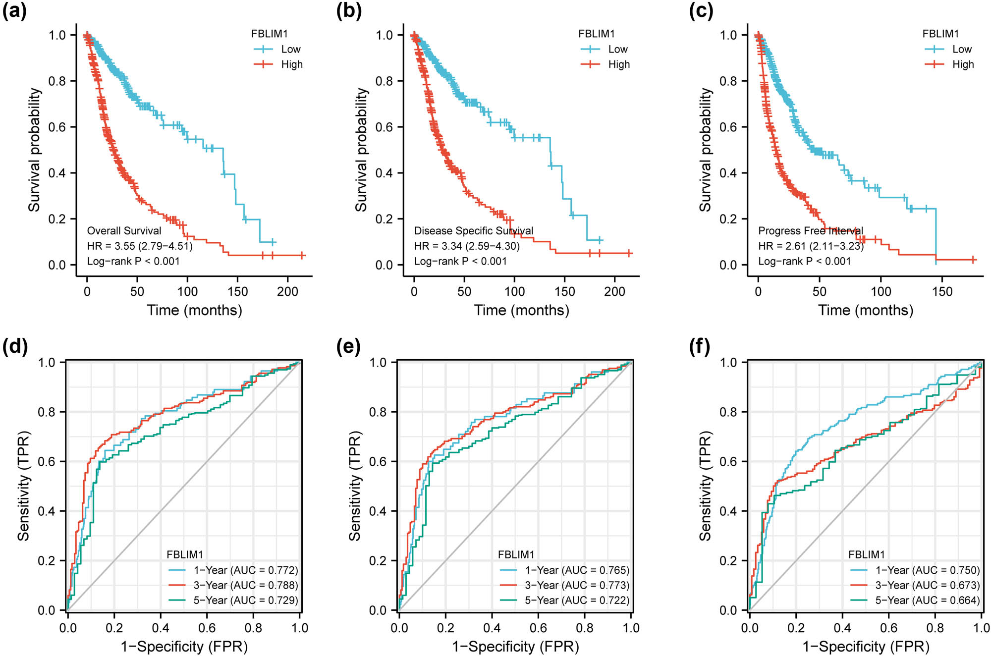 Figure 3
Influences of differential FBLIM1 levels on the glioma patients’ prognosis. (a–c) Kaplan–Meier curves of OS, DSS, and PFI between the FBLIM1-high and -low level cohorts. (d–f) ROC curves of 1-, 3-, and 5-year OS, DSS, and PFI.