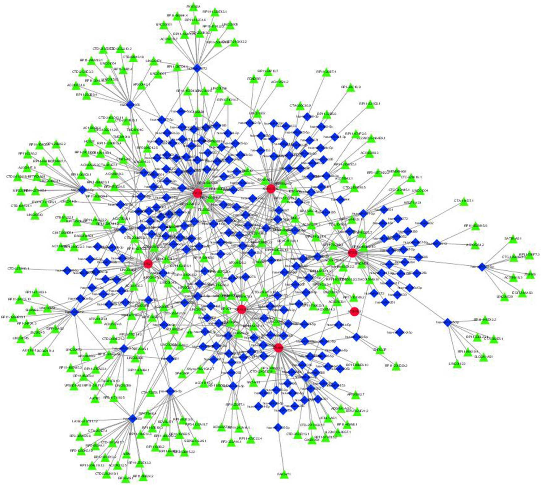 Figure 7
miRNAs–lncRNAs shared genes network. Note: Red circles are mRNAs, blue quadrangles are miRNAs, and green triangles are lncRNAs.