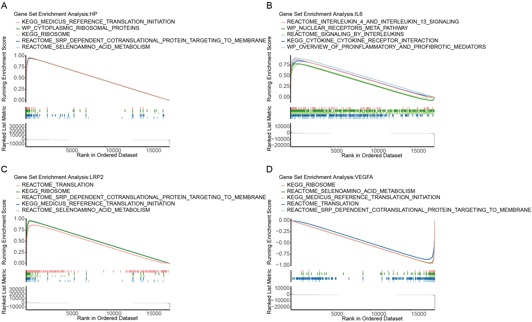 Figure 3:
GSEA of hub genes HP, IL6, LRP2, and VEGFA. GSEA of (A) HP, (B) IL6, (C) LRP2, and (D) VEGFA for top 5 pathways.