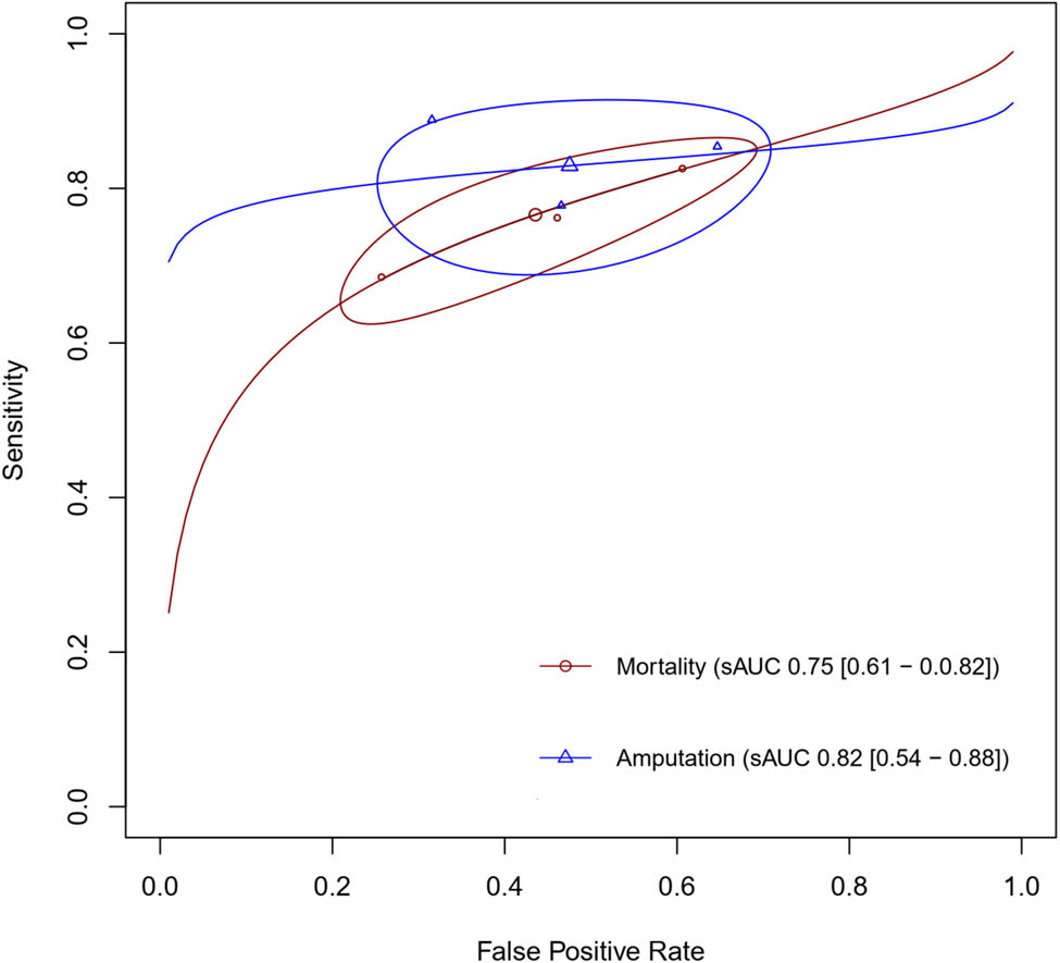 Figure 4 
                     Summary ROC curves of CAR for predicting mortality and amputation.
                  