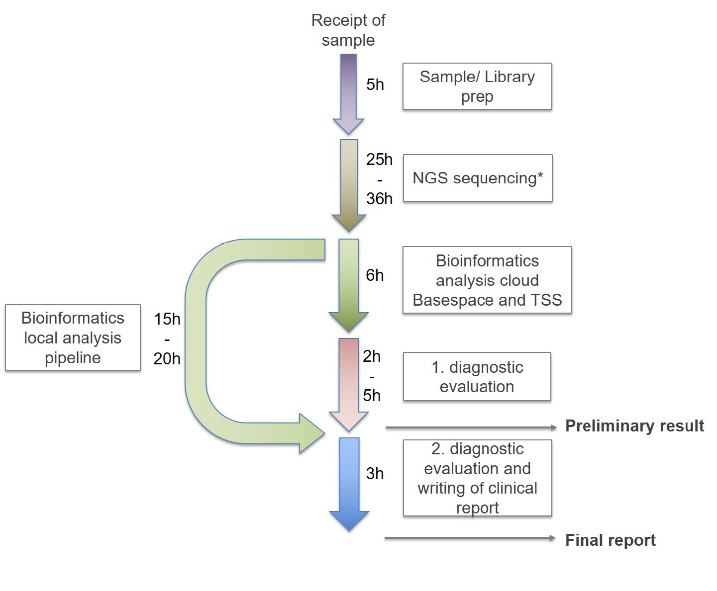 Fig. 1: Timeline of rtWGS: Library preparation is performed directly from 10 µl of an EDTA blood sample without separate DNA extraction. 2x160 bp sequencing is performed on an Illumina NovaSeq 6000 instrument. Processing time including sequencing and bioinformatic analysis depends on the flow cell used (25 hours for a S1 flowcell and 36 hours for a S2 flowcell). Bioinformatic analysis is performed using both Illumina’s TSS cloud based and the locally installed GSVar sequencing pipelines. The two pipelines differ in the time required for bioinformatical analysis (TSS = 6h; GSVar =15-20h, depending on the performance of the local computing cluster). Manual variant interpretation typically requires two to five hours, accurate classification of variants using ACMG guidelines as well as drafting of a clinical report is estimated to be accomplished after 3 hours. A preliminary result can be communicated after 38–52 hours, a final written report after 50–69 hours.