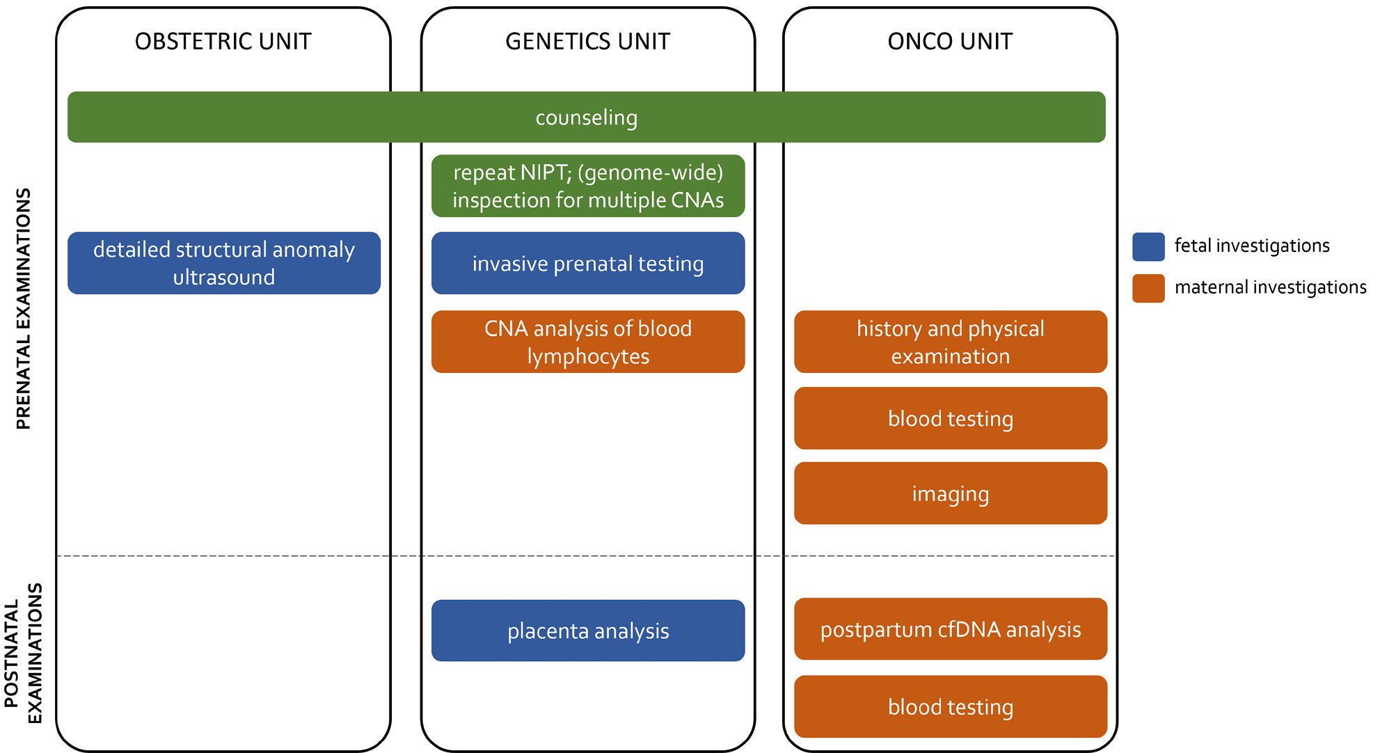 Figure 3:  Critical elements in a multidisciplinary management model for downstream clinical investigations in pregnant women confronted with a NIPT that is suggestive of an incipient tumor.