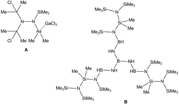 Chart 1 Products of Ga(III)-assisted methyl abstractions.(A) (Me2ClSi)2NN(SiMe3)AsMe2 (Schulz et al., 2007). (B) B[(NHBH)N(SiMe3)SiMe2N(SiMe3)2]3(Hansmann et al., 2011).