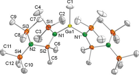 Figure 1 Molecular structure of compound 1a.Ellipsoids are set at the 50% level; hydrogen atoms and disorder of C2 are omitted for clarity. Selected bond lengths (Å) and angles (°): Ga1-C1 1.978(5), Ga1-N1 1.870(2), N1-Ga1-C1 117.71(1), N1-Ga1-N1′ 124.56(1).