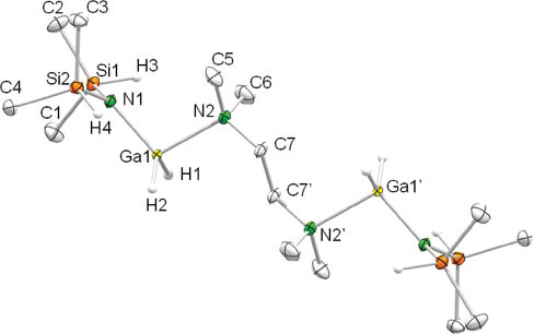 Figure 5 Molecular structure of compound 4.The ellipsoids are set at the 50% level; hydrogen atoms of the methyl groups and the disorder of C7 are omitted for clarity. Selected bond lengths (Å) and angles (°): Ga-H1 1.46(2), Ga1-H2 1.51(2), Ga1-N1 1.909(1), Ga1-N2 2.124(1), N1-Ga1-N2 102.34(5), H1-Ga-H2 121.0(1), N1-Ga1-H1 112.3(9), N1-Ga1-H2 115.5(7), N2-Ga1-H1 101.1(8), N2-Ga1-H2 101.0(7), Ga1-N1-Si1 114.76(6), Ga1-N1-Si2 118.40(6).