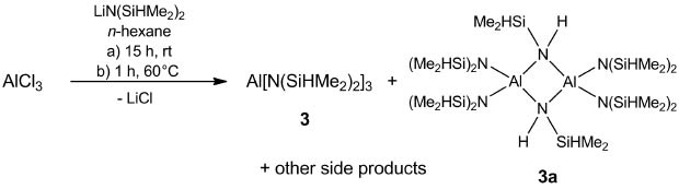 Scheme 2 Reaction of AlCl3 and LiN(SiHMe2)2 to give homoleptic Al[N(SiHMe2)2]3 (3) and side product 3a.