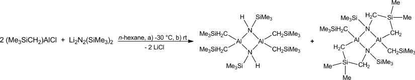 Scheme 3 Reaction of (Me3SiCH2)2AlCl with the hydrazide Li2N2(SiMe3)2 to a C-H activated product (right) and a -N(H)SiMe3 bridged complex (left) (Uhl et al., 2000).