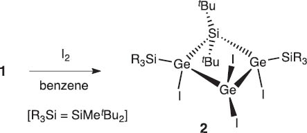 Scheme 2 Reaction of the Si2Ge9-cluster 1 with iodine.