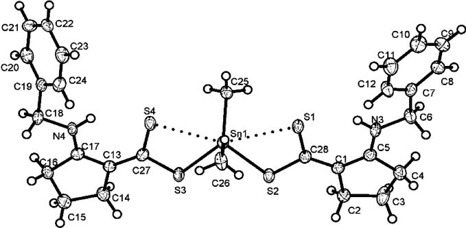 Figure 2 X-ray structure of [Me2Sn(Bz-ACDA)2] (5).