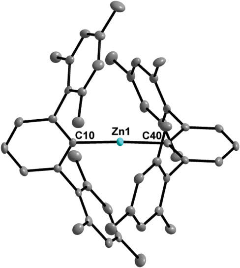 Figure 1 Molecular structure of monoclinic (2,6-Mes2 C6 H3)2 Zn showing 30% probability ellipsoids and the crystallographic numbering scheme.