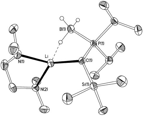 Figure 1 Molecular structure of 6a with 40% probability ellipsoids and with disorder component and C-bound H atoms omitted for clarity.Selected bond lengths (Å) and angles (deg): Li-C(1) 2.213(3), Li-N(1) 2.115(3), Li-N(2) 2.139(3)(4), Li-H(1B) 2.02(2), Li…B 2.633(3), P-C(1) 1.7374(15), Si-C(1) 1.8178(15), P-B 1.9322(19), C(1)-Li…B 76.06(10), N(1)-Li-N(2) 87.02(11), P-C(1)-Si 133.09(9), P-C(1)-Li 91.30(10), Si-C(1)-Li 122.35(10).