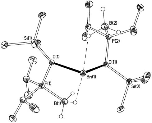 Figure 2 Molecular structure of 7 with 40% probability ellipsoids and with C-bound H atoms omitted for clarity.Selected bond lengths (Å) and angles (deg.): Sn-C(1) 2.306(2), Sn-C(11) 2.293(2), C(1)-P(1) 1.802(2), C(11)-P(2) 1.789(2), C(1)-Si(1) 1.881(2), C(11)-Si(2) 1.879(2), P(1)-B(1) 1.905(3), P(2)-B(2) 1.924(3), Sn…H(1C) 2.36(2), Sn…H(2C) 2.32(2), C(1)-Sn-C(11) 100.43 (7).